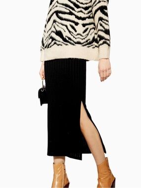 TopShop Black Ribbed Knit Midi Skirt with Side Slit